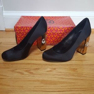 Tory Burch Ciara Black Satin, Gold, and Rhinestone